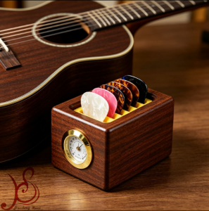 Huasheng Wooden Guitar Pick Storage Box with Hygrometer, Portable Guitar Pick Holder Organizer for Guitar Players