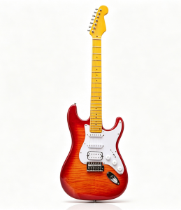 Huasheng Music Electric Guitar, Red Sunburst Flame Maple Top HSS Pickups Double-Locking Tremolo Solid Body Guitar for Beginner & Pro Players